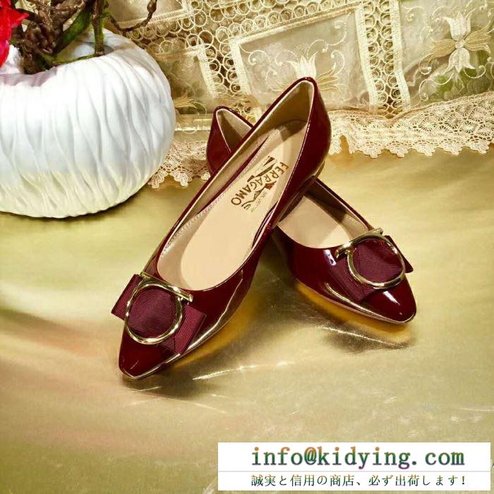 韓国潮流 ferragamoコピー ヴサルヴァトーレフェラガモ flatshoes ワイン シューズ 光沢 レディース