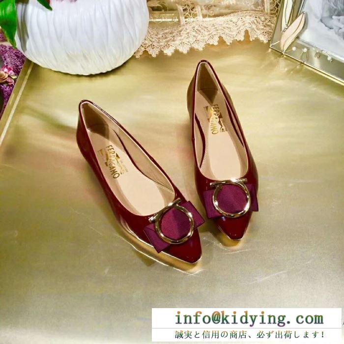 韓国潮流 ferragamoコピー ヴサルヴァトーレフェラガモ flatshoes ワイン シューズ 光沢 レディース