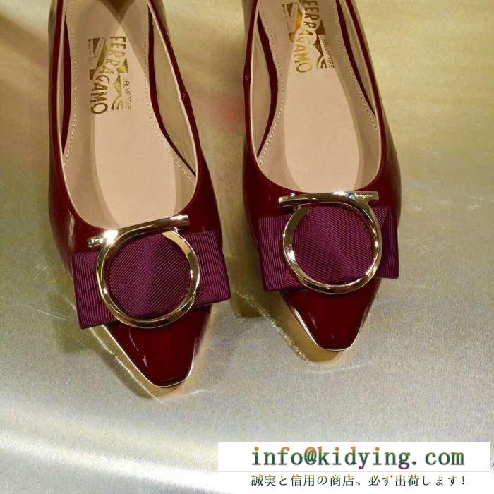 韓国潮流 ferragamoコピー ヴサルヴァトーレフェラガモ flatshoes ワイン シューズ 光沢 レディース