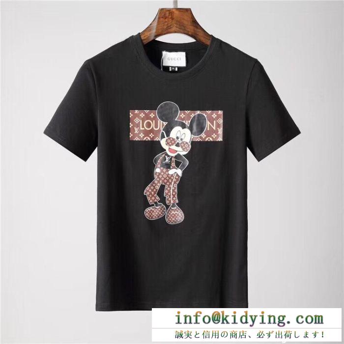 最強の定番コーデMickey mouseプリントされたルイヴィトンコピーlouis vuittonメンズクルーネック半袖ｔシャツブラック、ホワイト