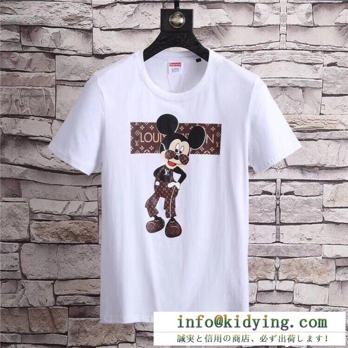 最強の定番コーデMickey mouseプリントされたルイヴィトンコピーlouis vuittonメンズクルーネック半袖ｔシャツブラック、ホワイト