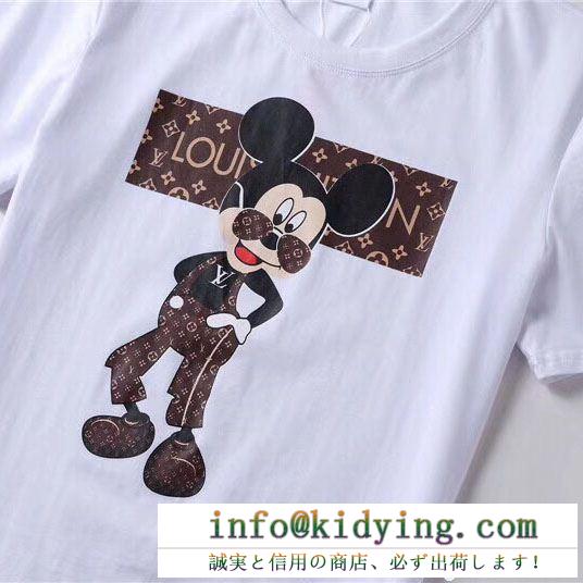 最強の定番コーデMickey mouseプリントされたルイヴィトンコピーlouis vuittonメンズクルーネック半袖ｔシャツブラック、ホワイト