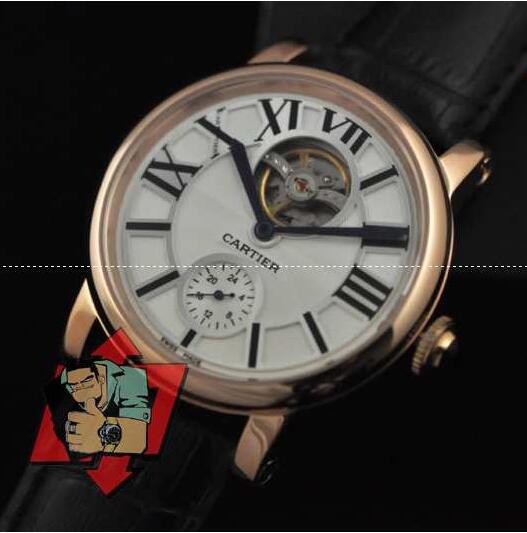 自動巻きの機構を搭載するカルティエ、Cartierの黒いベルト2針のメンズ腕時計.