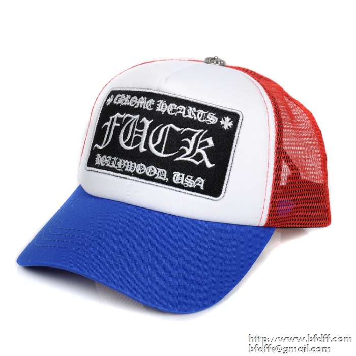 CHROME heartsクロムハーツコピー【trucker cap/トラッカーキャップ】fuckパッチクロスボール付メッシュキャップ男女兼用 レッド×ブルー×ホワイト