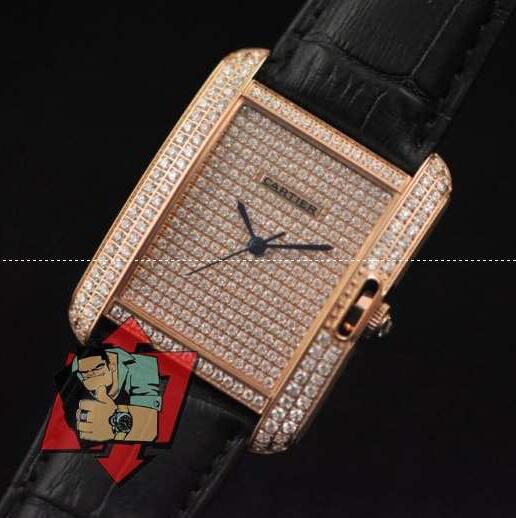 大人気なCartierカルティエ 時計偽物 レディース ゴールドブラックレザー ベルト ダイヤモンド文字盤 クォーツ ウォッチ