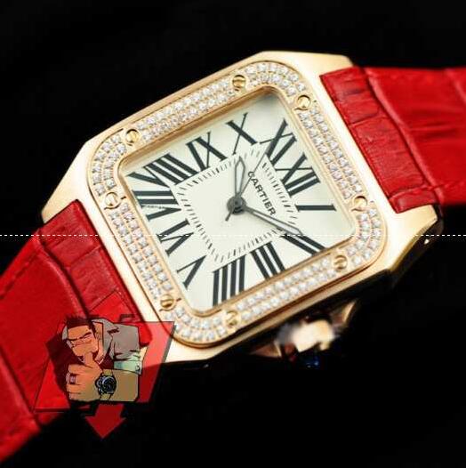 お買い得限定セールCartierカルティエ時計人気腕時計コピー ダイヤモンド満載 レディースゴールド文字盤 クォーツレッド ベルト ウオッチ