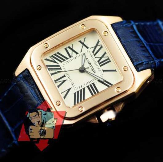 爆買い新作Cartierカルティエ腕時計コピーレディース時計 自動巻き ブルーレザーベルト ゴールドメッキ文字盤 3針 