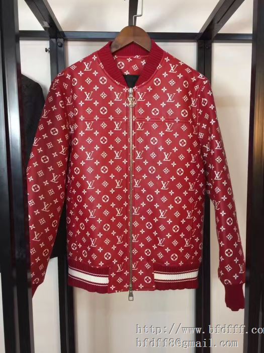 大人気美品！Louis vuitton x supreme 17ssシュプリーム ジャケット偽物【leather baseball jacket】×louis vuitton メンズコート 赤色