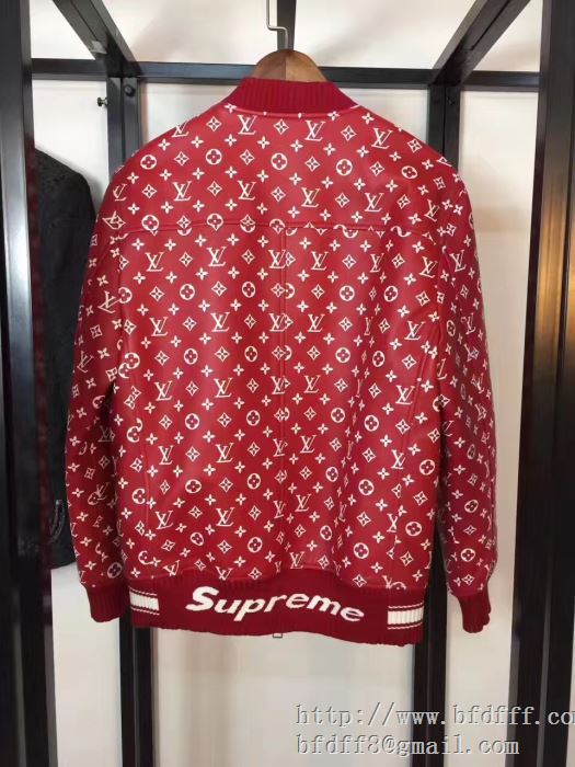 大人気美品！Louis vuitton x supreme 17ssシュプリーム ジャケット偽物【leather baseball jacket】×louis vuitton メンズコート 赤色