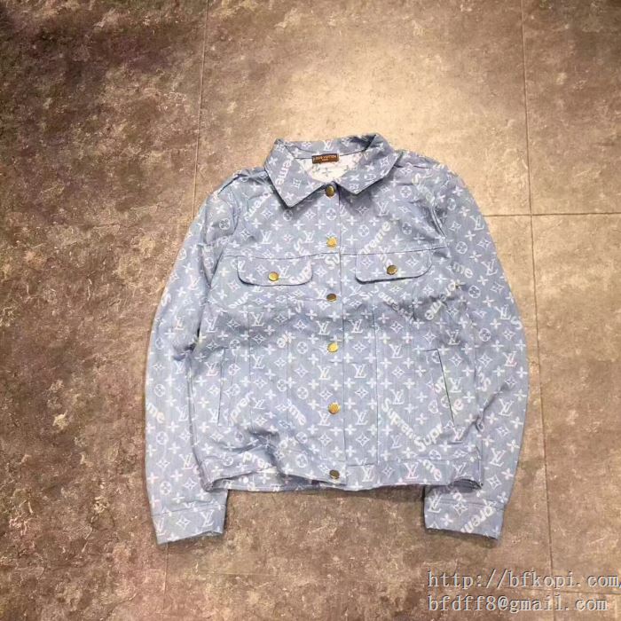 超激得100%2017新品SUPREME×ルイヴィトン【Jacquard denim trucker jacket】×louis vuittonボタンパーカー偽物 シュプリーム デニムジャケット