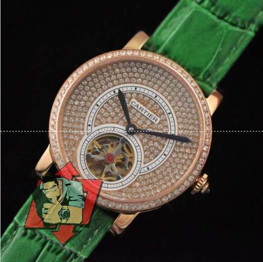 【激安】高級品通販Cartierカルティエ時計スーパーコピー ダイヤモンド付き レディースウォッチ クオーツ時計 グリーンレザーベルト ゴルード