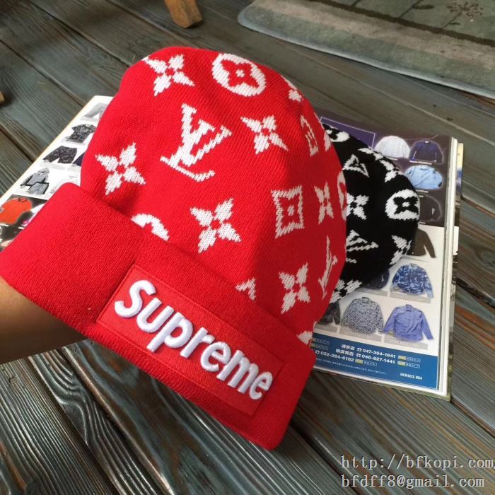 お買い得人気セールsupreme-LV シュプリームコピー ニット帽子 ボックス ロゴ付き キャップ 2017秋冬新作 赤色 ブラック 2色可選