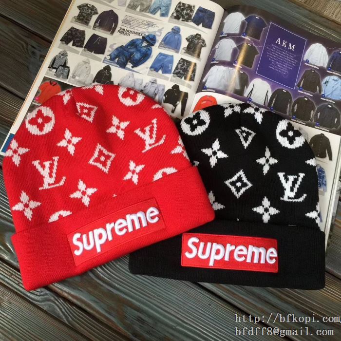 お買い得人気セールsupreme-LV シュプリームコピー ニット帽子 ボックス ロゴ付き キャップ 2017秋冬新作 赤色 ブラック 2色可選