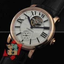 自動巻きの機構を搭載するカルティエ、Cartierの黒いベルト2針のメンズ腕時計.