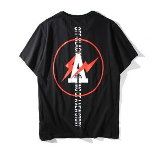 18春夏 Off-White オフホワイト スーパーコピー Ｔシャツ 半袖 プリント 紐 A ロゴ幾何 イナズマ ブランド 稲妻 男女兼用 ブラック ホワイト2色可選