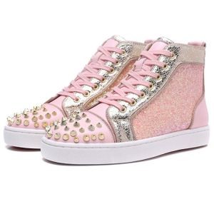 楽しめる1着ルブタンスニーカーコピーきらきら光っているChristian Louboutinピンクハイカットスニーカースパイク付き