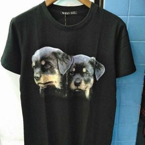 可愛い犬プリントしたDolce&Gabbanaドルガバコピーブラックのメンズクルーネック半袖Ｔシャツ