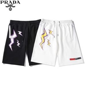 プラダ PRADA メンズ ショーツ おしゃれさんも愛用 コピー サンダーボルトプリント ホワイト ブラック コットン コーデ 格安