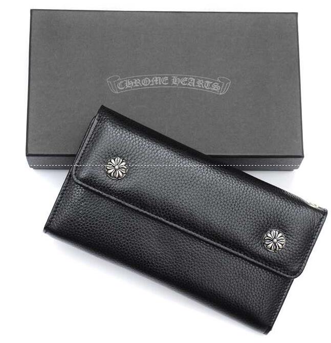 クロスボタンのクロムハーツ 財布 スーパーコピー メンズウェーブウォレット chrome hearts ブラック ヘビーレザーの2折り長財布.