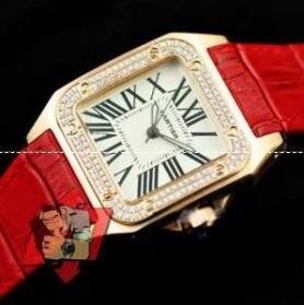ダイヤモンド満載のカルティエ 時計 レディース　お買い得限定セールのゴールド文字盤　タンク ソロ　クォーツSS　レッドレザーベルト Cartier.